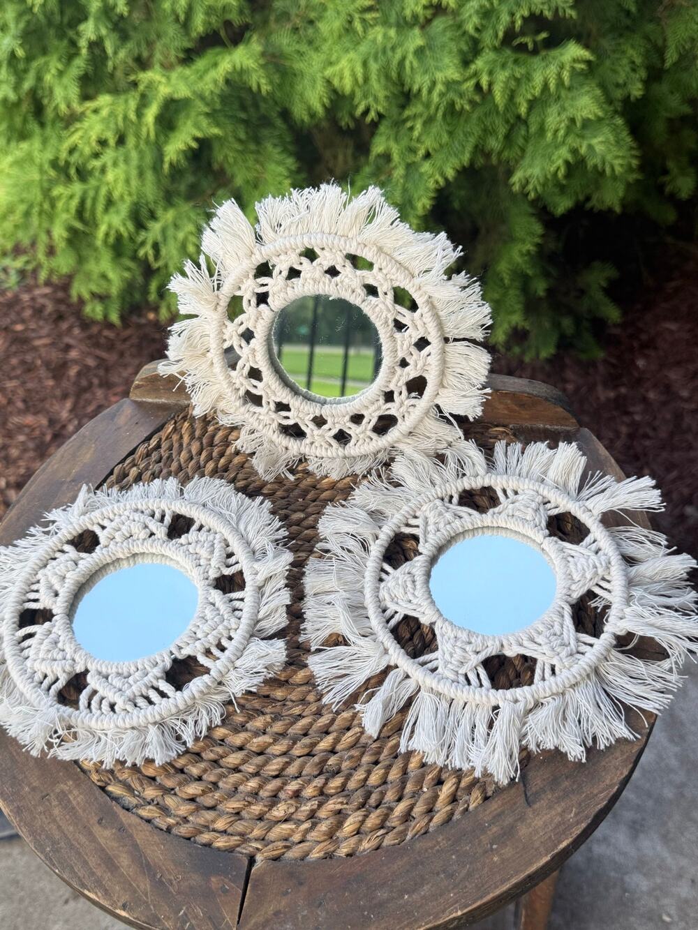 Set of Three Mirrored Macrame Home Accent Pieces